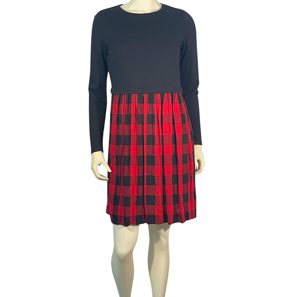 J Jill Sz XS Mixed Media Buffalo Plaid Dress Stretch Knit Long Sleeve Red Black